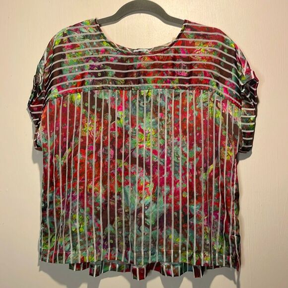 Soft Surroundings- Floral & Stripes Mixed Media Colorful Pleated Blouse- Size M - Picture 1 of 7